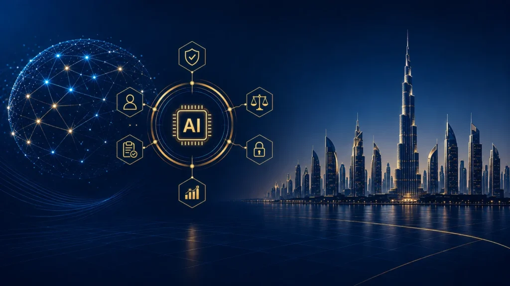 AI governance framework concept with compliance icons over the Dubai skyline