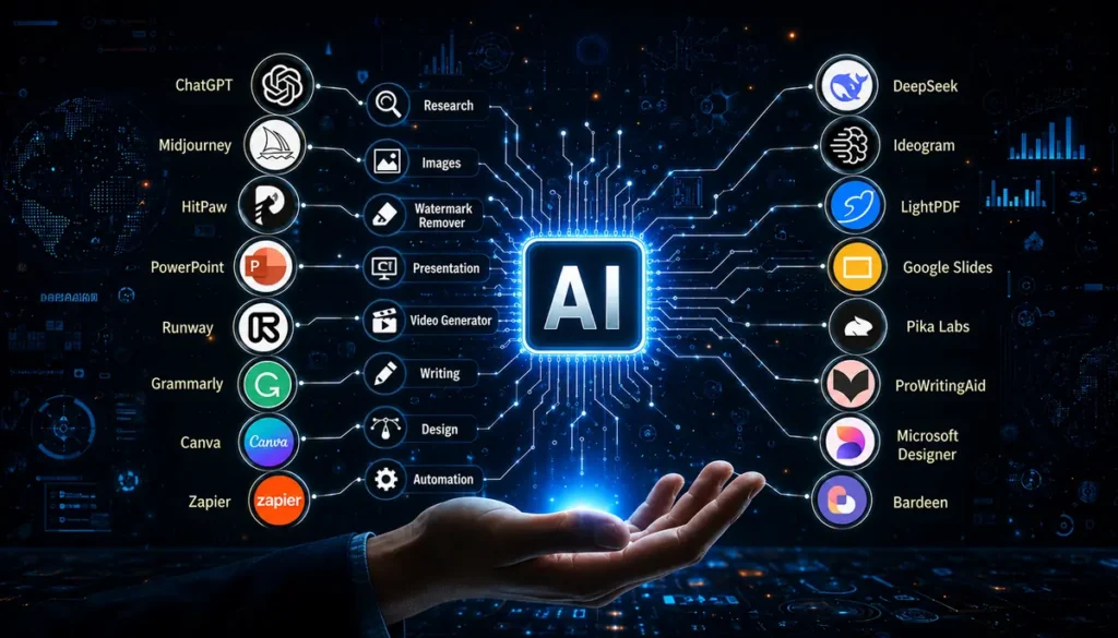 AI tools mapped by category: research, image generation, presentations, video, writing, design and automation