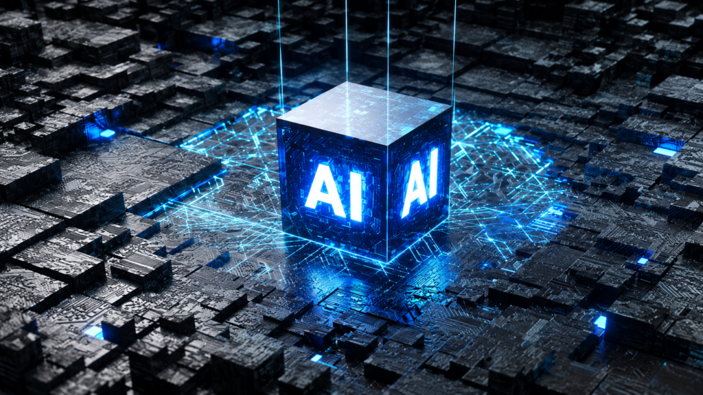 Glowing AI cube representing third-party AI risk in interconnected business systems