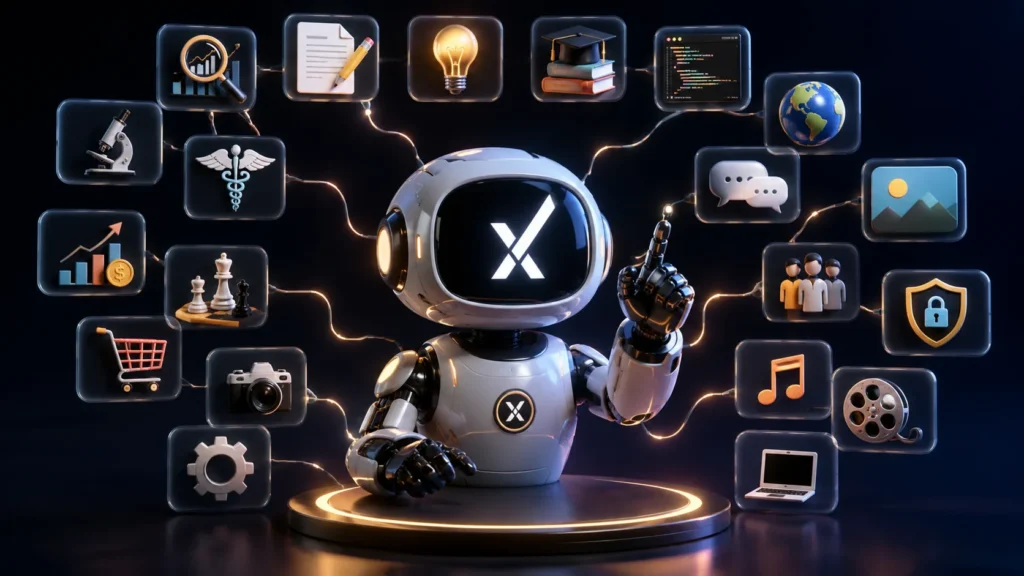 Grok Bot robot surrounded by icons representing research, writing, coding, commerce, media and security use cases