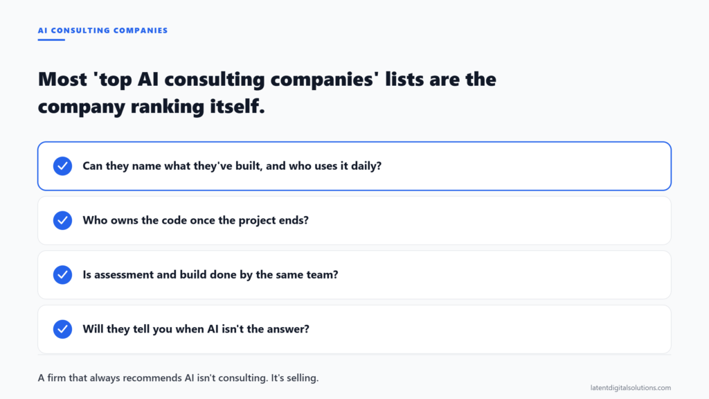 Checklist of four questions to evaluate any AI consulting company before signing a contract, including track record and code ownership.
