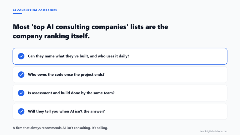 Checklist of four questions to evaluate any AI consulting company before signing a contract, including track record and code ownership.
