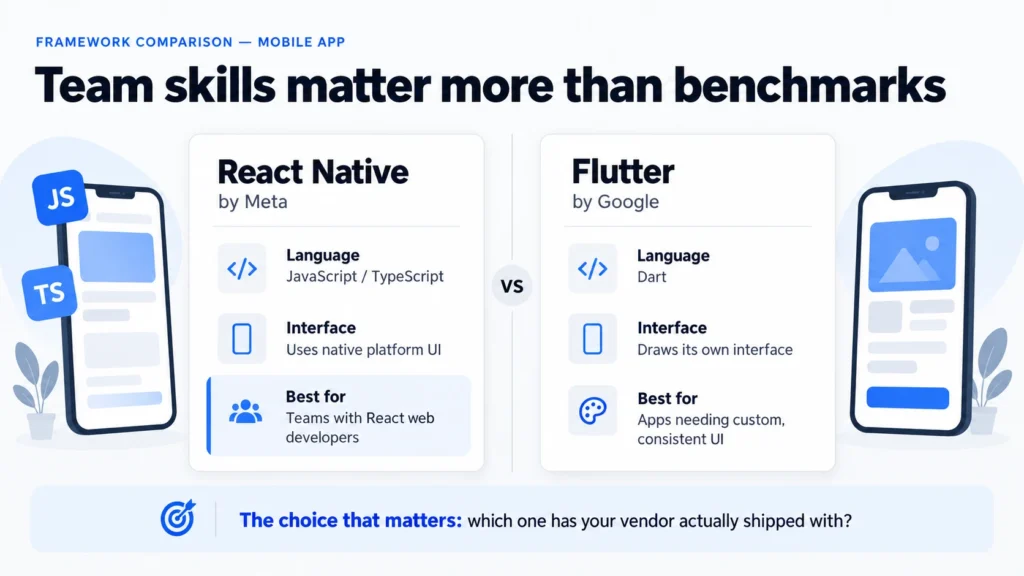Flutter vs React Native: framework comparison infographic showing language, interface type, and best-fit scenarios for UAE business apps