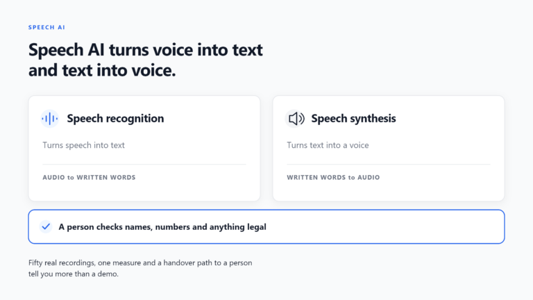 Speech artificial intelligence has two halves: speech recognition turns speech into text and speech synthesis turns text into a voice, with a person checking names, numbers and anything legal